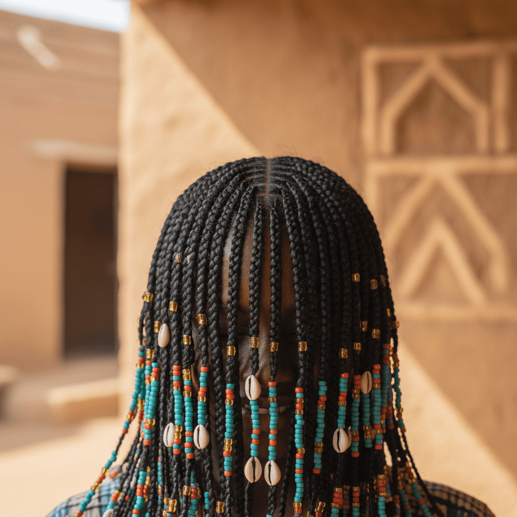 Black woman with traditional Fulani braids featuring center braid and decorative beads