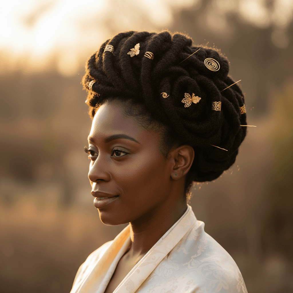 Black woman with elegant Ashanti braided bun updo