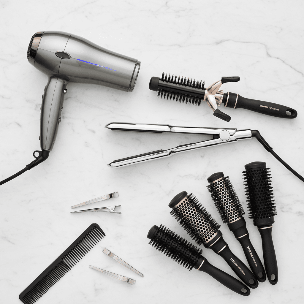 Set of professional braiding combs with metal tail ends on marble surface