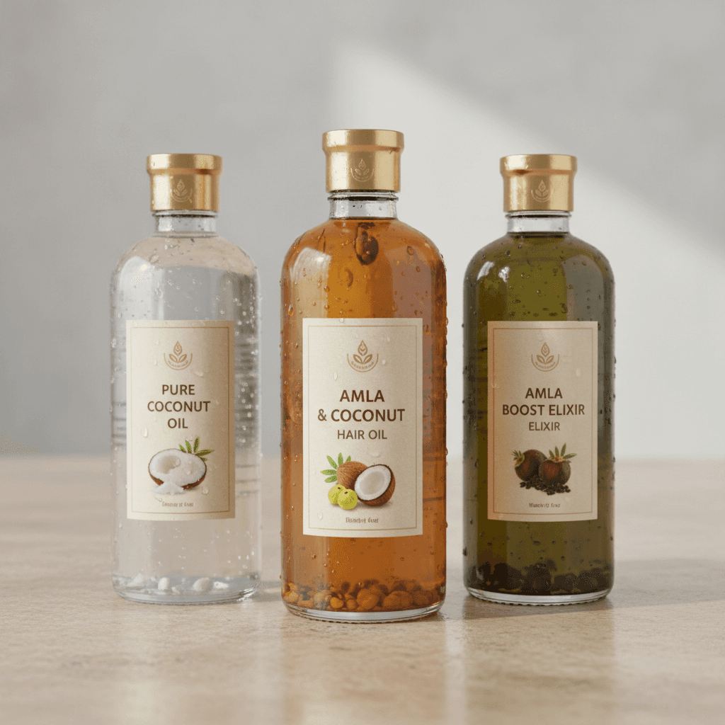 Natural hair oil bottles with botanical ingredients for protective styling