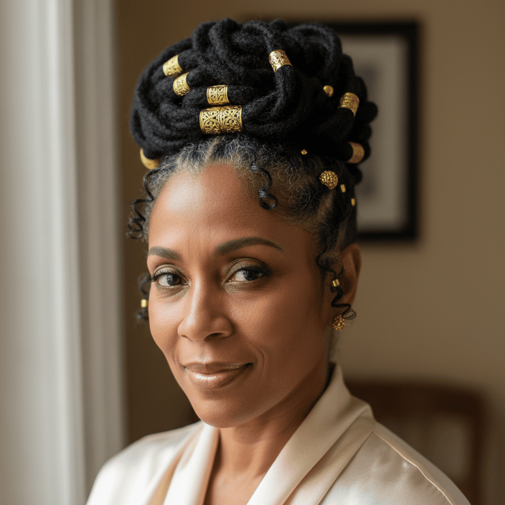 Woman with locs styled in an elegant updo