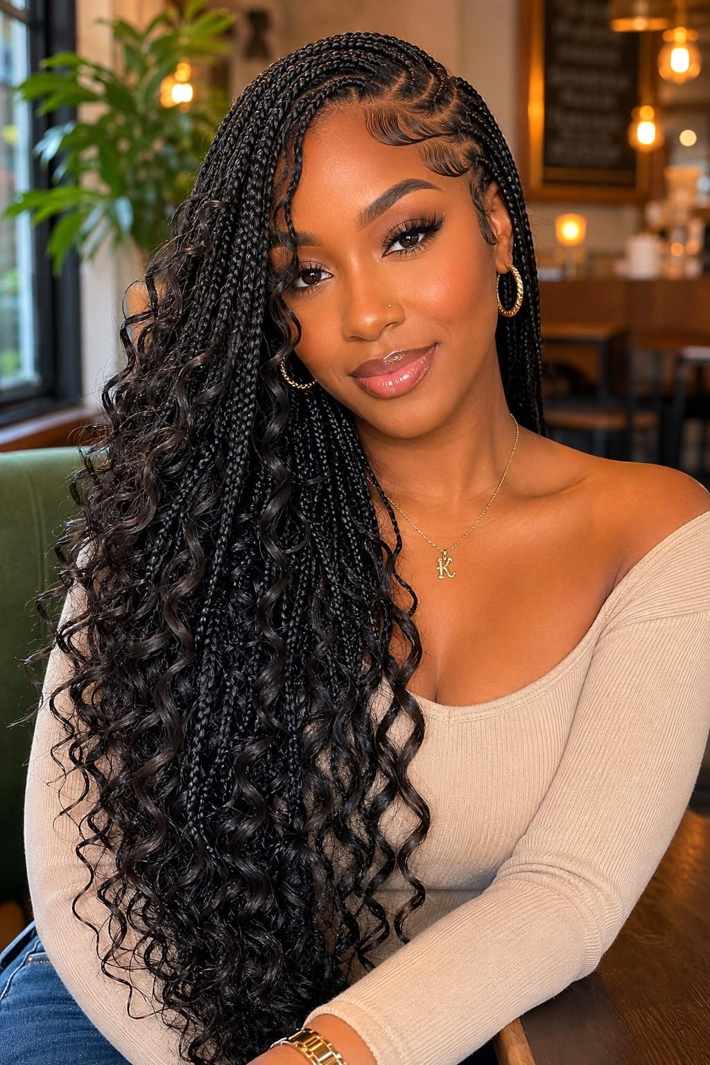 Side Swept Boho Knotless Braids - Image 1